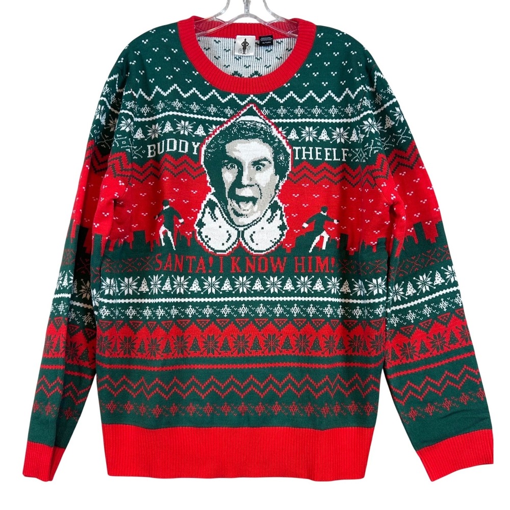 NWOT Elf Buddy The Elf Santa I‎ Know Him Mens XL Ugly Christmas Sweater Festive